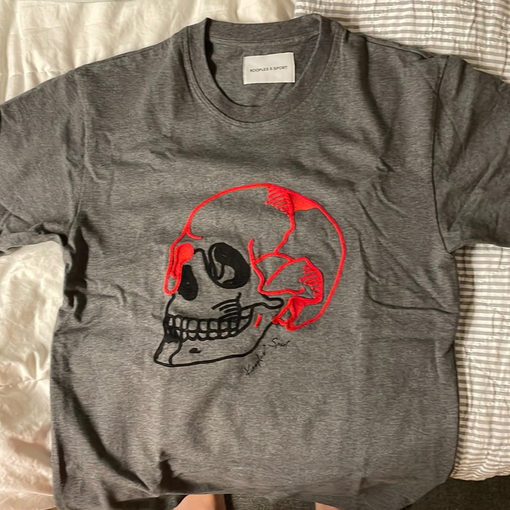 The Kooples Sport, Small.  Embroidered red/black skull on grey T-shirt.